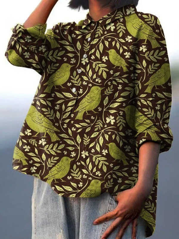 Victoria | Women's Vintage Floral Birds Art Print Casual Shirt