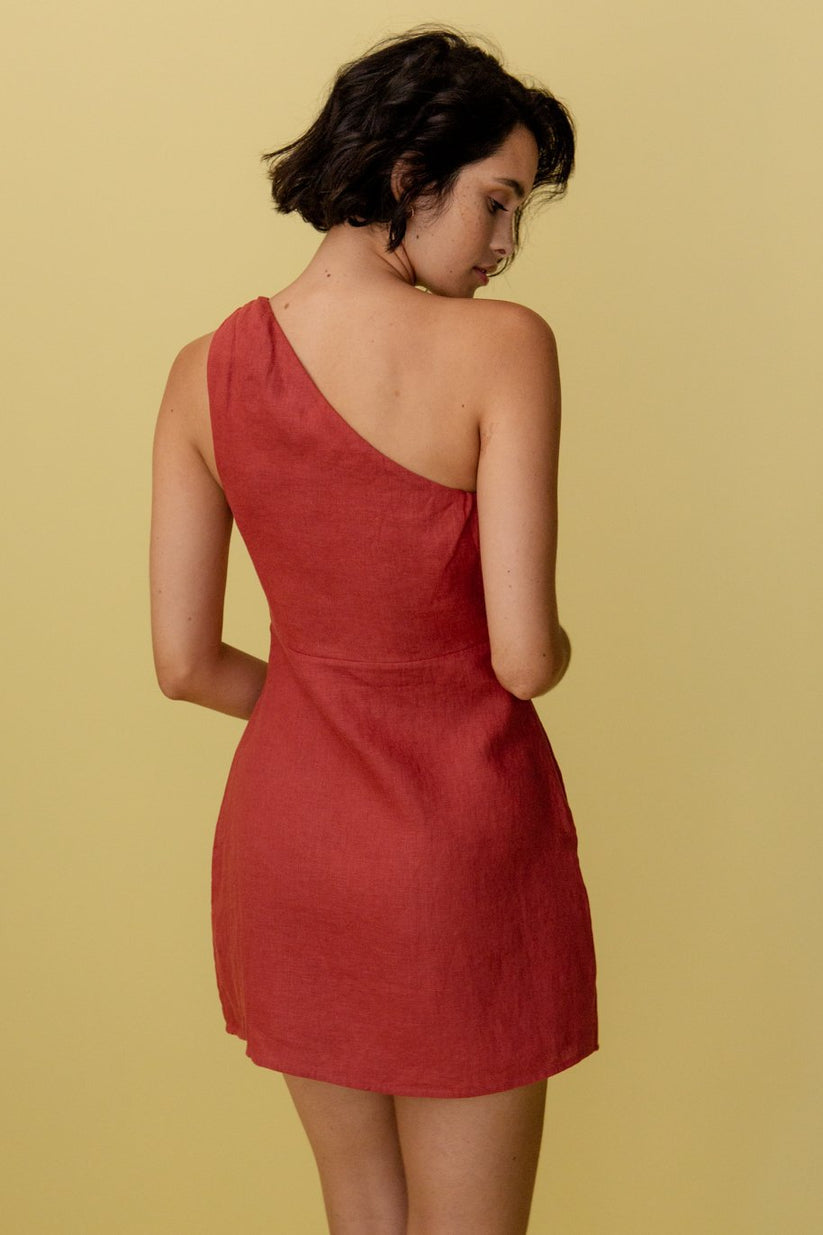 Linen Mini Dress with One Shoulder and Asymmetric Neckline