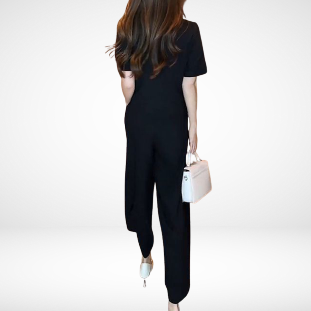 Elsie™ Elegant Short Sleeve Two-Piece Set | V-Neck Top and Wide Trousers