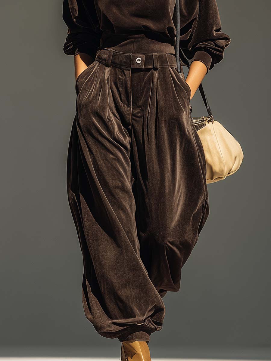 Vintage Brown Velvet Hoodie and Loose Trouser Set (Including Belt)