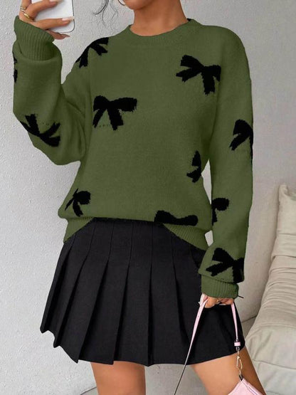 FRANCES™ - Fashionable Bow Print O-Neck Knit Winter Sweater Pullover