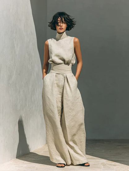 Flor™ | Minimalist Two-Piece Set of Tank Top and Wide-Leg Trousers in Cotton and Linen for Women