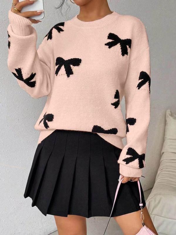 FRANCES™ - Fashionable Bow Print O-Neck Knit Winter Sweater Pullover