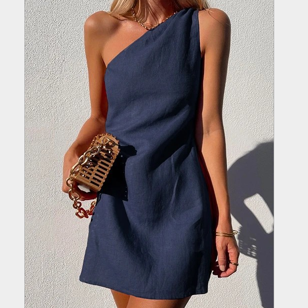 Linen Mini Dress with One Shoulder and Asymmetric Neckline