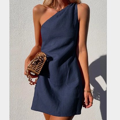 Linen Mini Dress with One Shoulder and Asymmetric Neckline