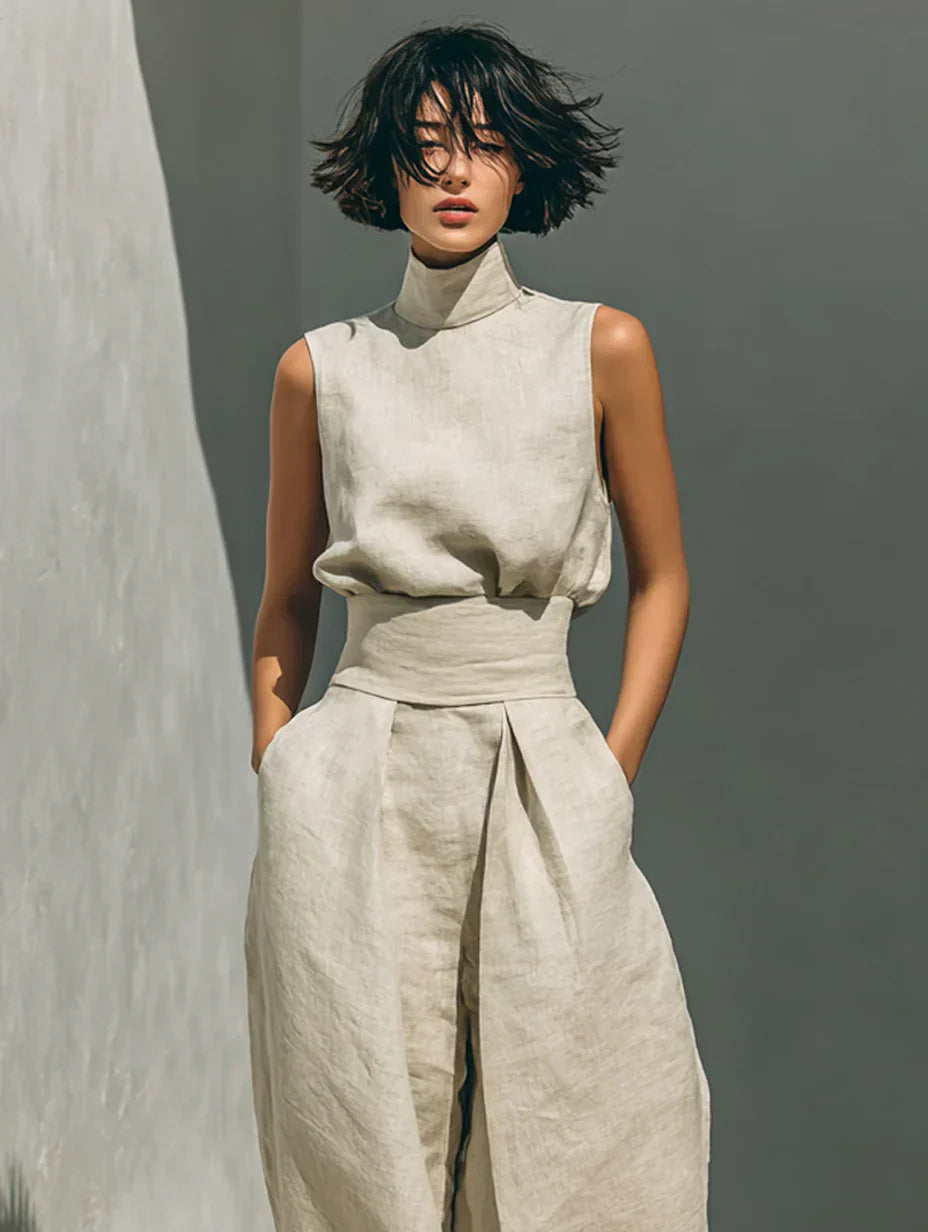 Flor™ | Minimalist Two-Piece Set of Tank Top and Wide-Leg Trousers in Cotton and Linen for Women
