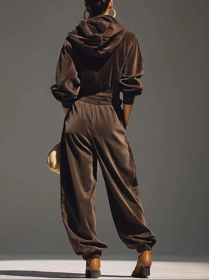 Vintage Brown Velvet Hoodie and Loose Trouser Set (Including Belt)