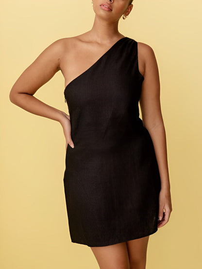 Linen Mini Dress with One Shoulder and Asymmetric Neckline