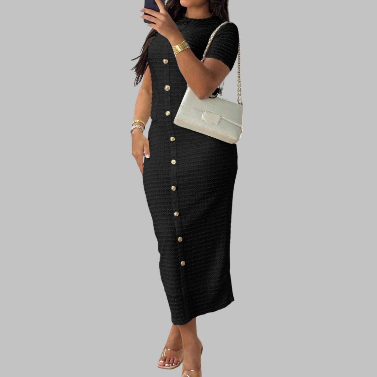 RACHEL™ - Elegant Round Neck Fake Button Dress