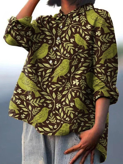 Victoria | Women's Vintage Floral Birds Art Print Casual Shirt