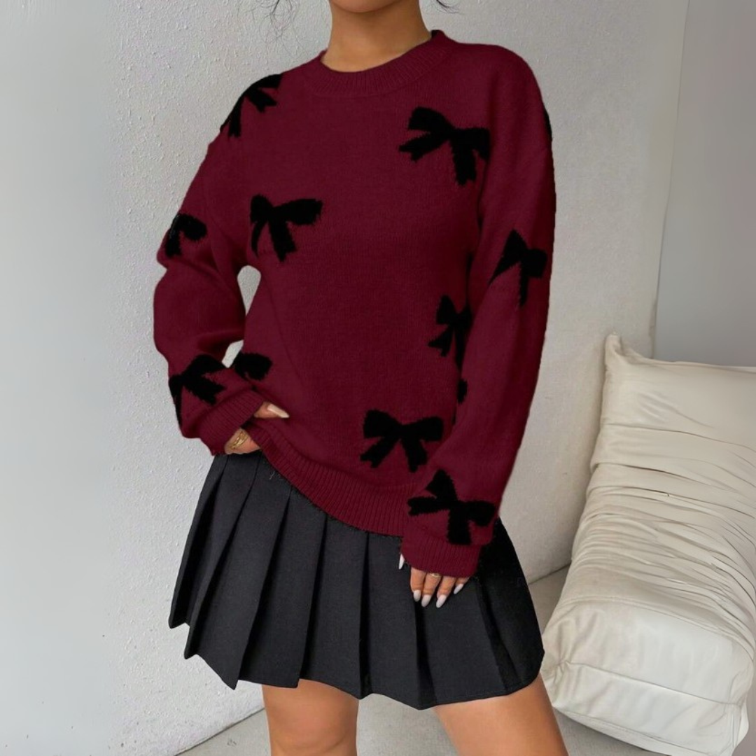 VISAY™ - Comfy Bow Print Pullover Sweater
