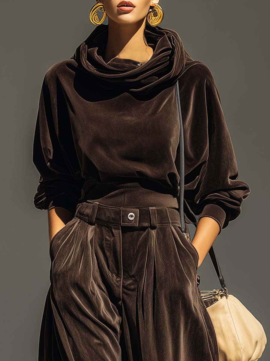 Vintage Brown Velvet Hoodie and Loose Trouser Set (Including Belt)