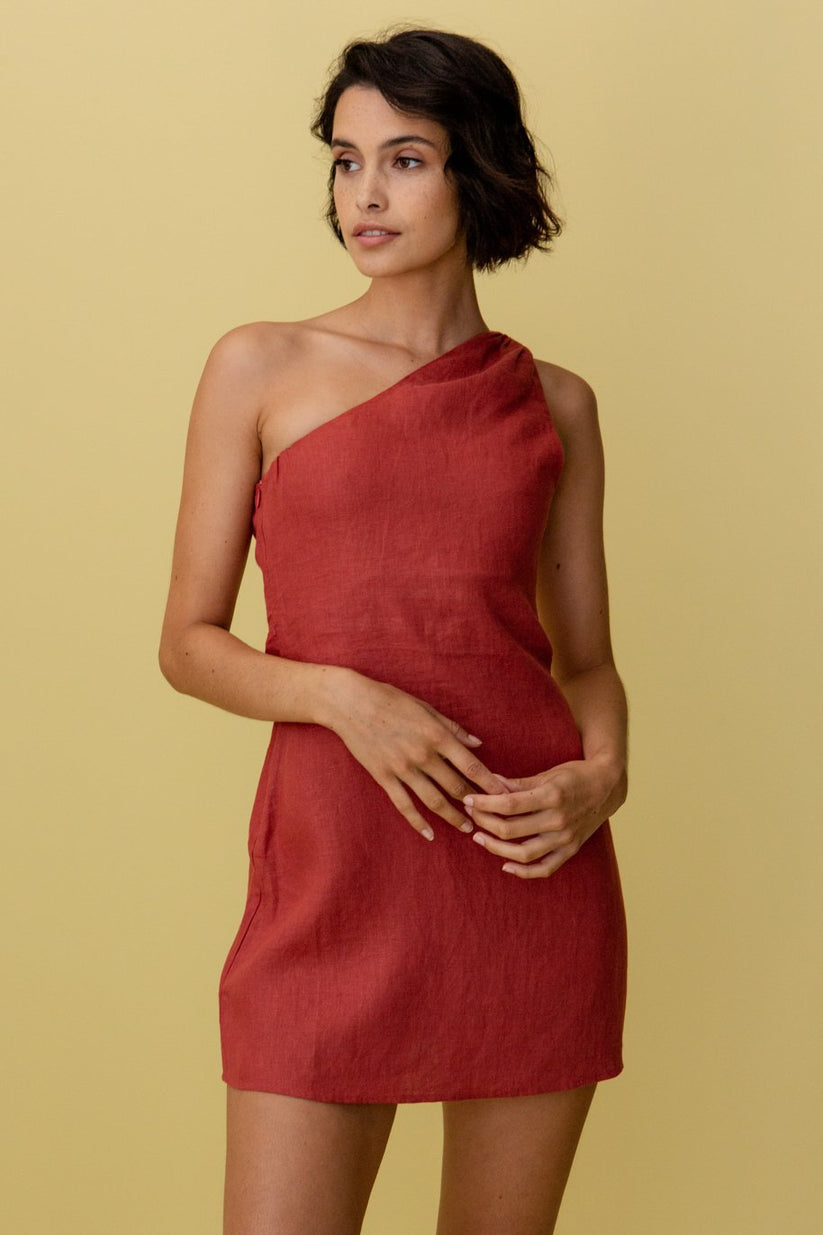Linen Mini Dress with One Shoulder and Asymmetric Neckline