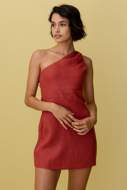 Linen Mini Dress with One Shoulder and Asymmetric Neckline