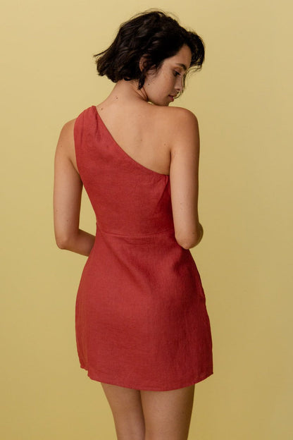 Linen Mini Dress with One Shoulder and Asymmetric Neckline