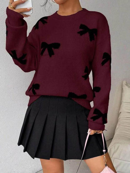 FRANCES™ - Fashionable Bow Print O-Neck Knit Winter Sweater Pullover