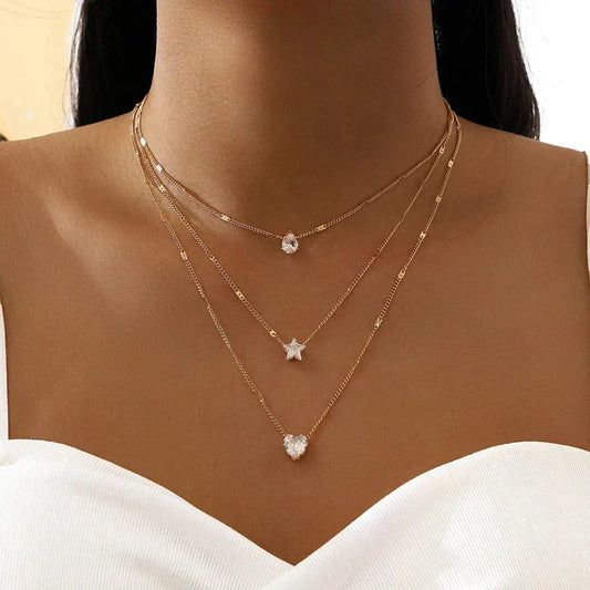 Necklace with Triple Charms and Zirconia in Gold