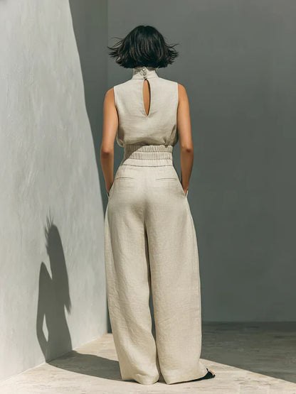 Flor™ | Minimalist Two-Piece Set of Tank Top and Wide-Leg Trousers in Cotton and Linen for Women