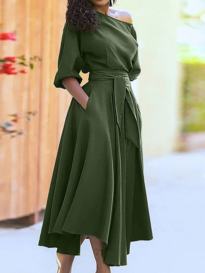 ZEBY™ - Elegant Women's Belted Bishop Sleeve Boat Neck A-Line Dress