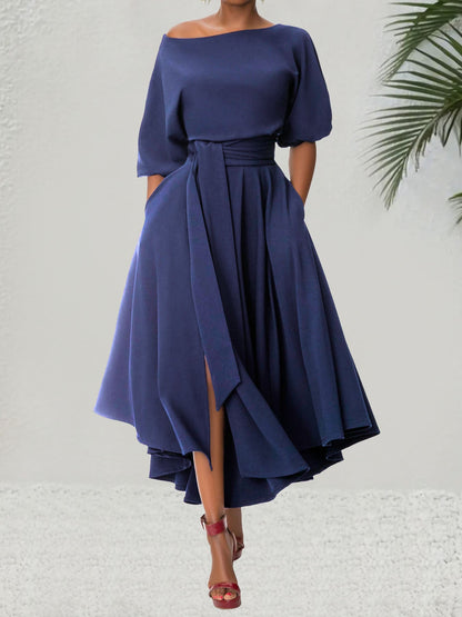 ZEBY™ - Elegant Women's Belted Bishop Sleeve Boat Neck A-Line Dress