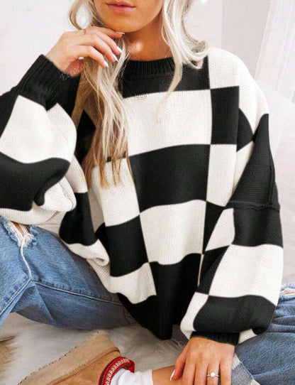 REVERIE™ - Casual Plaid Long Sleeve Round Neck Sweater