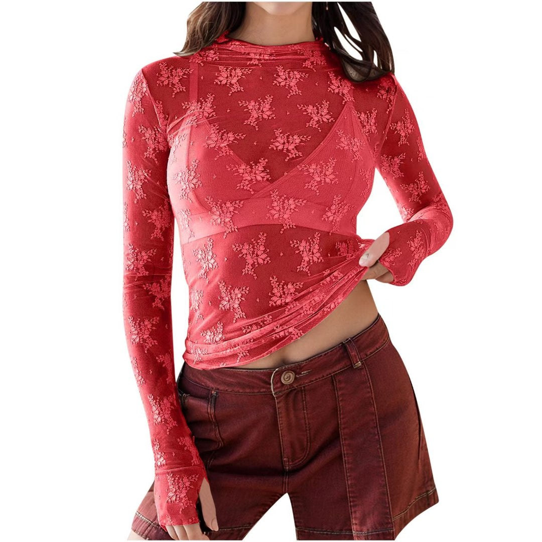 NOVY™ - Lace Mesh Long Sleeve Fitted Blouse