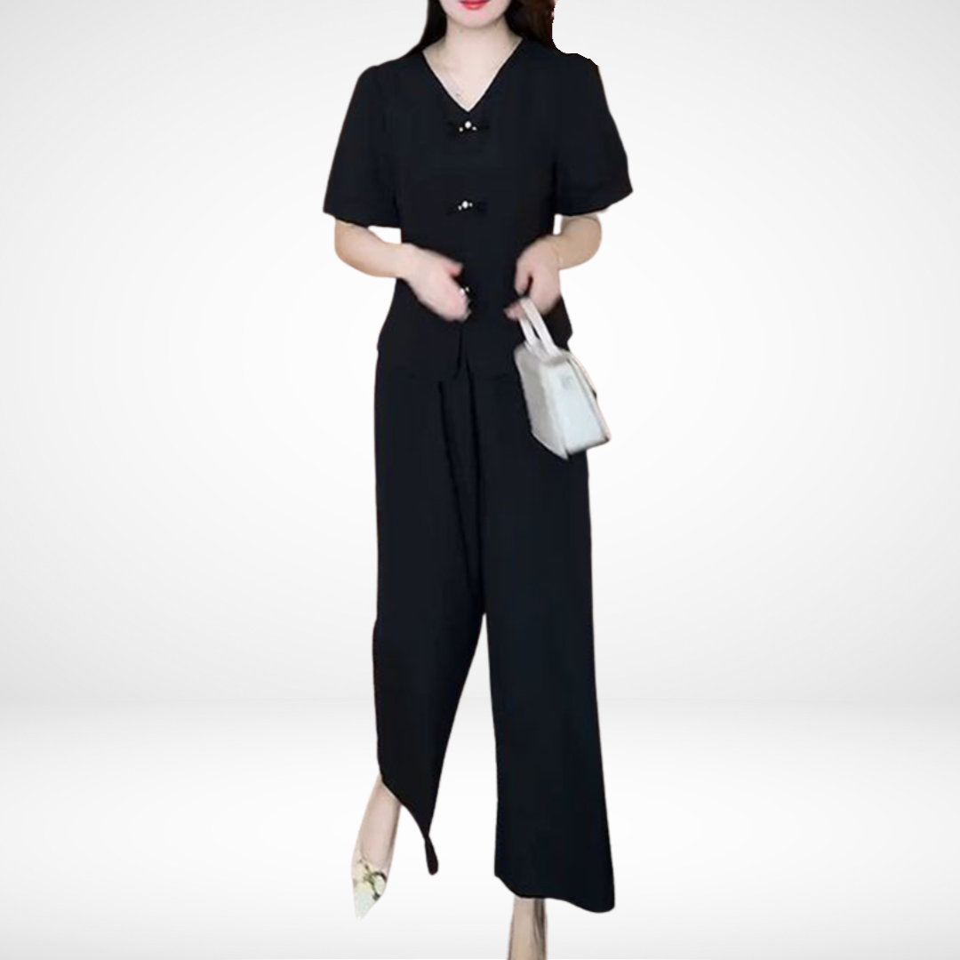 Elsie™ Elegant Short Sleeve Two-Piece Set | V-Neck Top and Wide Trousers