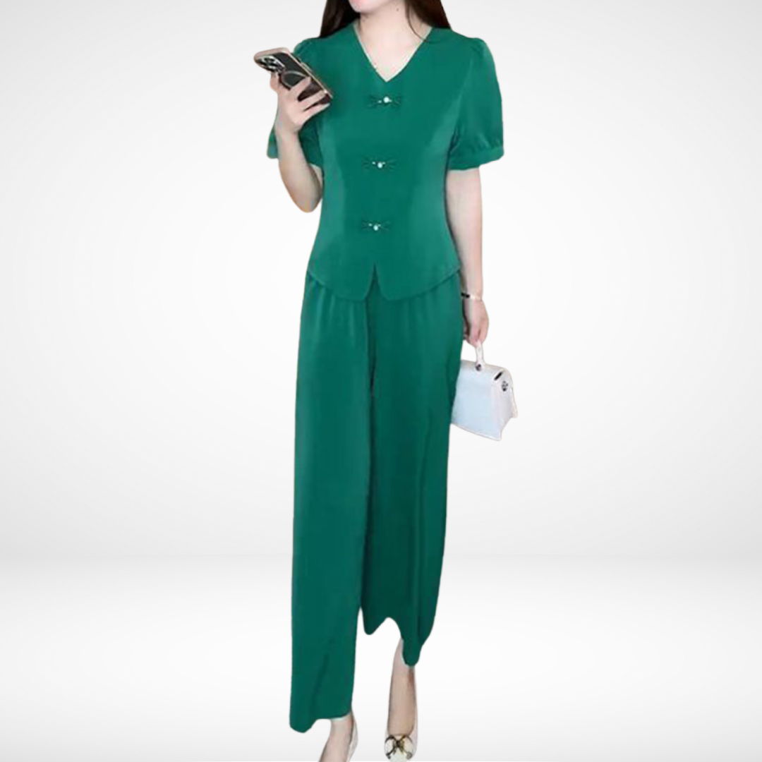 Elsie™ Elegant Short Sleeve Two-Piece Set | V-Neck Top and Wide Trousers