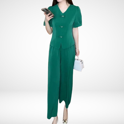 Elsie™ Elegant Short Sleeve Two-Piece Set | V-Neck Top and Wide Trousers