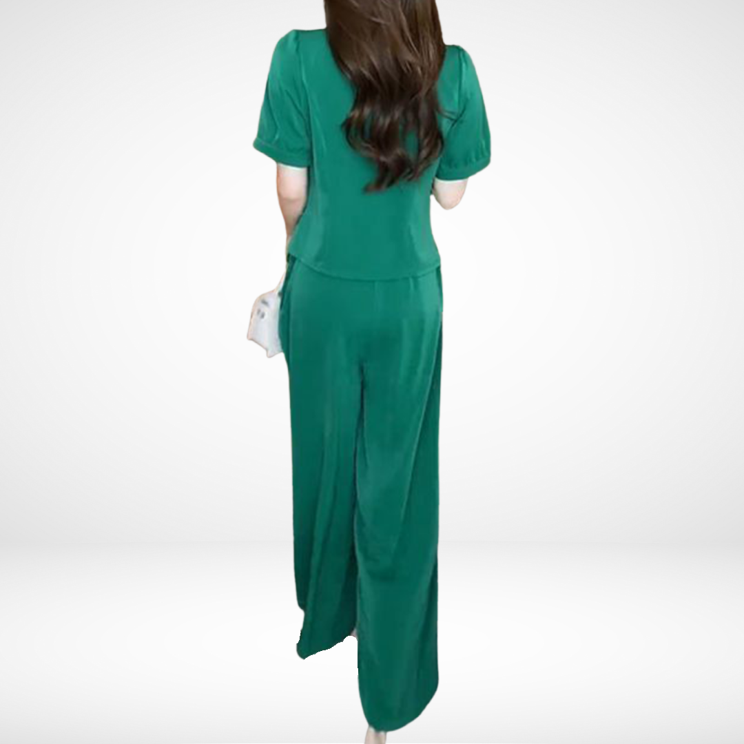 Elsie™ Elegant Short Sleeve Two-Piece Set | V-Neck Top and Wide Trousers