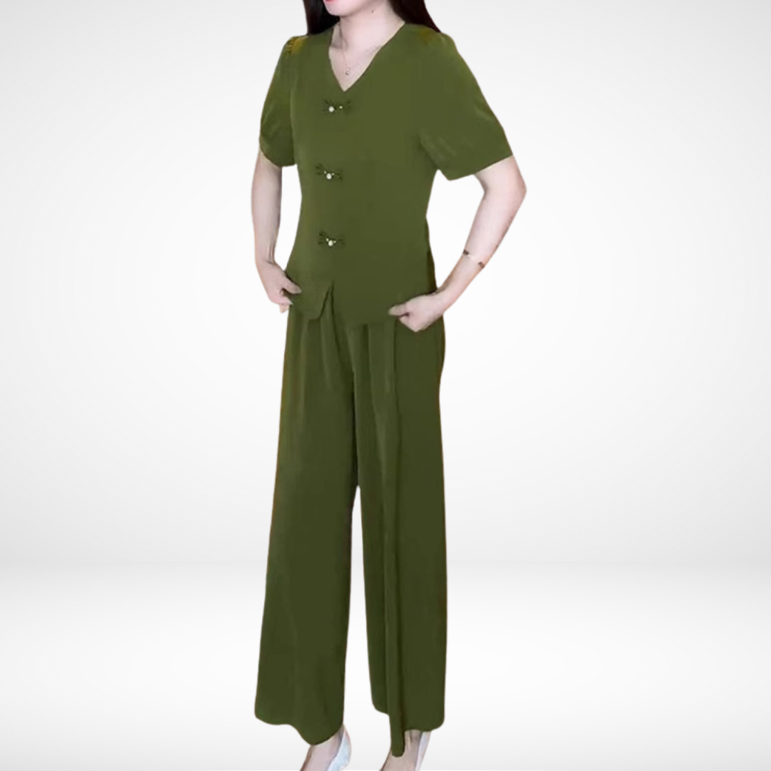 Elsie™ Elegant Short Sleeve Two-Piece Set | V-Neck Top and Wide Trousers