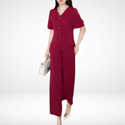 Elsie™ Elegant Short Sleeve Two-Piece Set | V-Neck Top and Wide Trousers