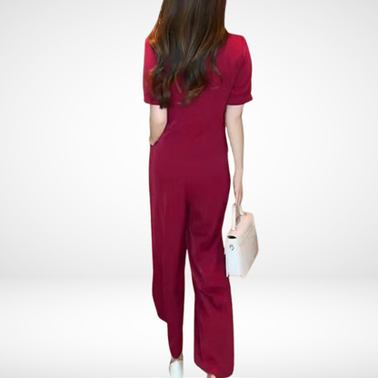 Elsie™ Elegant Short Sleeve Two-Piece Set | V-Neck Top and Wide Trousers