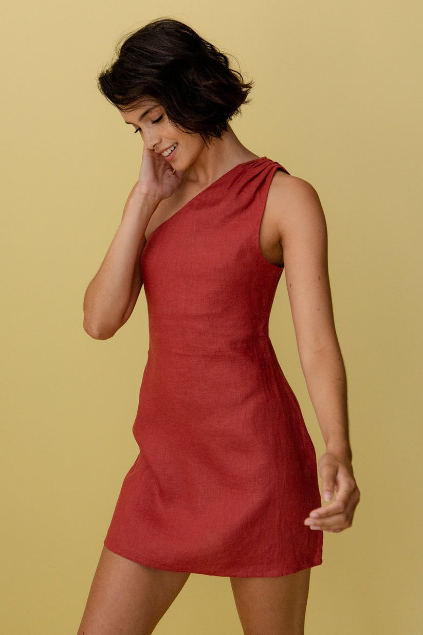 Linen Mini Dress with One Shoulder and Asymmetric Neckline