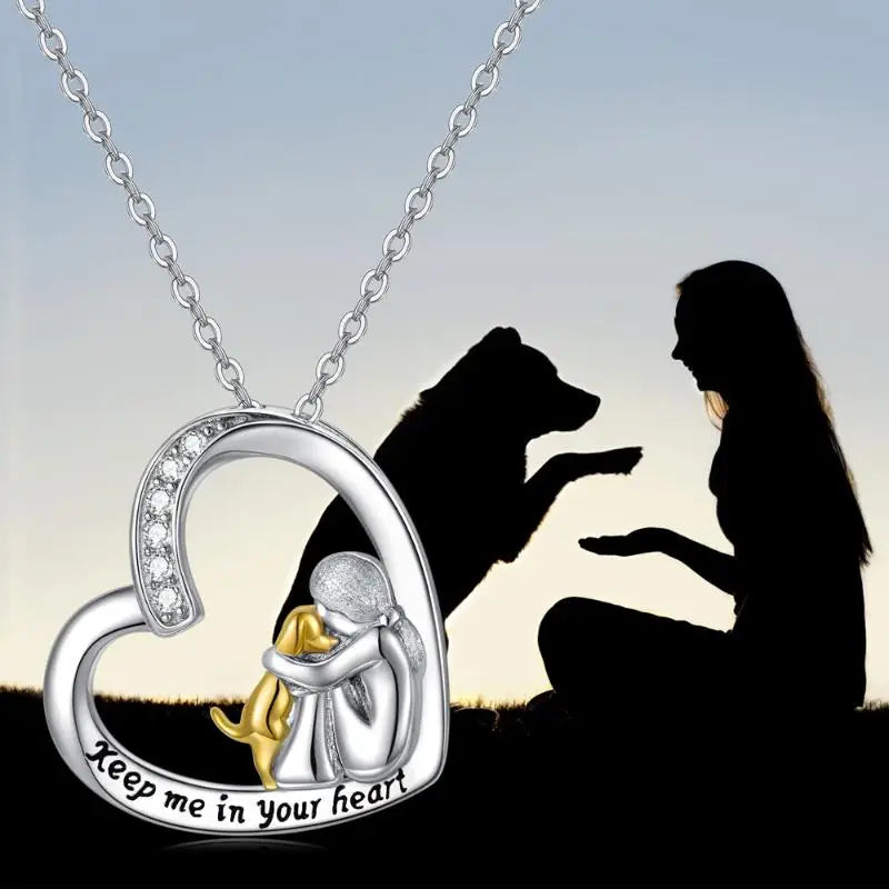 Silver Necklace with Heart Pendant, Dog Motif and Cubic Zirconia Stones