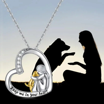 Silver Necklace with Heart Pendant, Dog Motif and Cubic Zirconia Stones