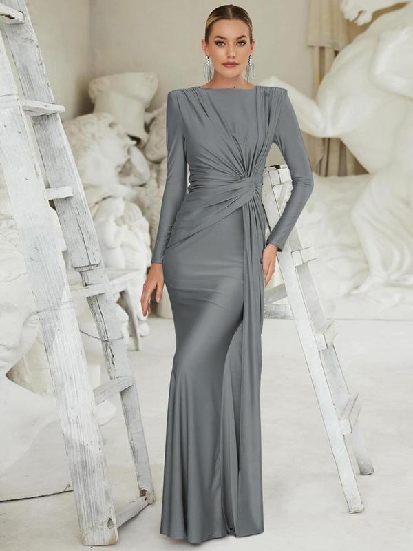 ANNA™ - Elegant Solid Color Ruched Padded Shoulder Bodycon Dress