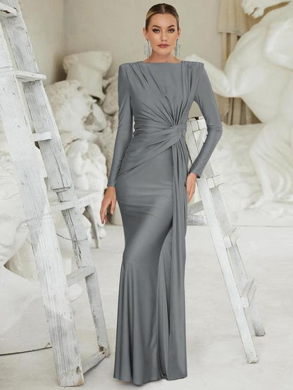 ANNA™ - Elegant Solid Color Ruched Padded Shoulder Bodycon Dress