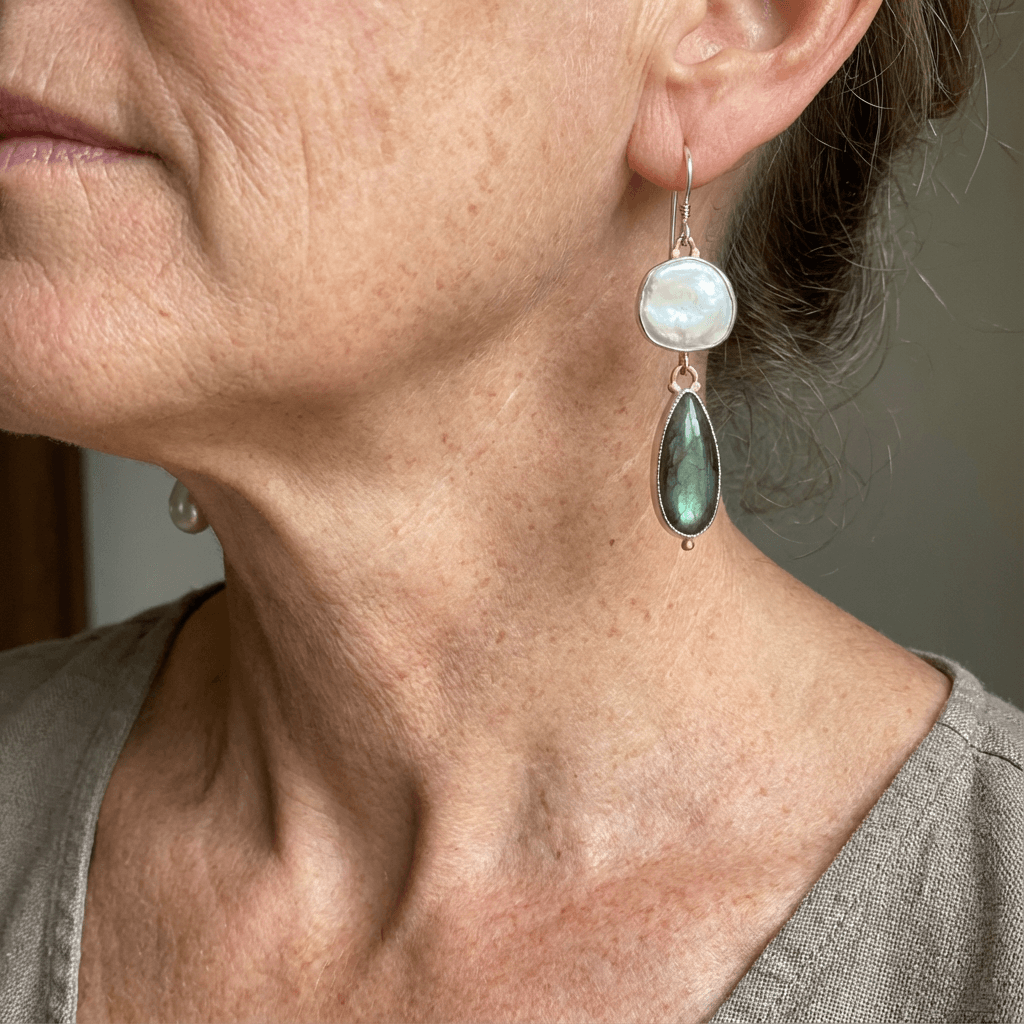Elegant Statement Earrings with Labradorite Pearls
