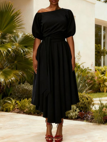 ZEBY™ - Elegant Women's Belted Bishop Sleeve Boat Neck A-Line Dress