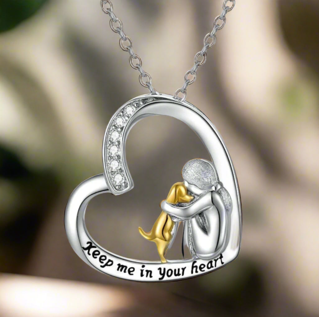 Silver Necklace with Heart Pendant, Dog Motif and Cubic Zirconia Stones
