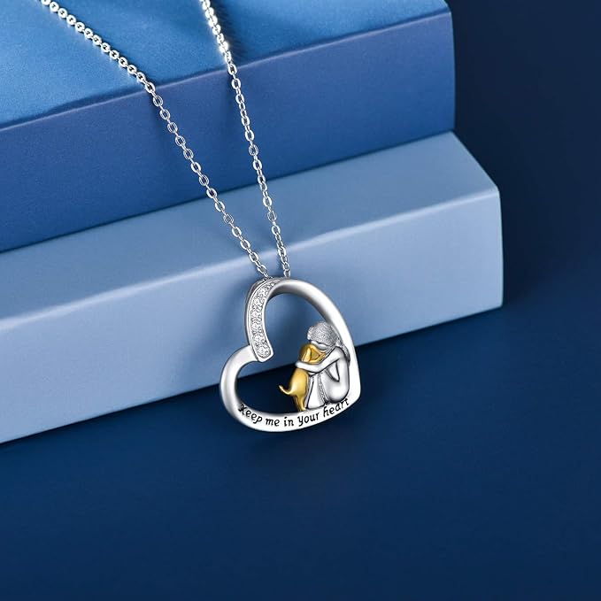 Silver Necklace with Heart Pendant, Dog Motif and Cubic Zirconia Stones