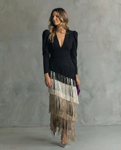 Clara™ | Elegant midi dress with fringes on the sleeves
