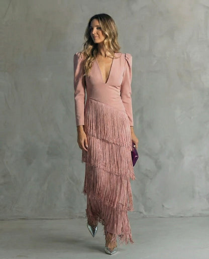 Clara™ | Elegant midi dress with fringes on the sleeves