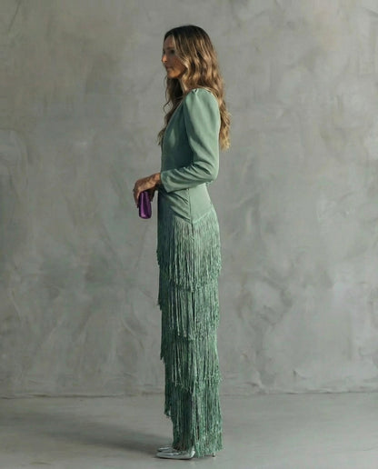 Clara™ | Elegant midi dress with fringes on the sleeves