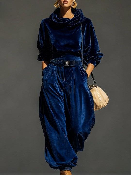 Vintage Brown Velvet Hoodie and Loose Trouser Set (Including Belt)