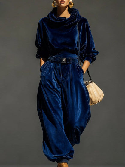 Vintage Brown Velvet Hoodie and Loose Trouser Set (Including Belt)