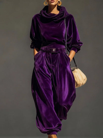 Vintage Brown Velvet Hoodie and Loose Trouser Set (Including Belt)