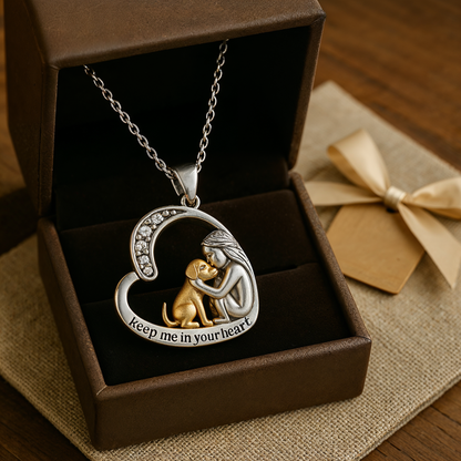 Silver Necklace with Heart Pendant, Dog Motif and Cubic Zirconia Stones