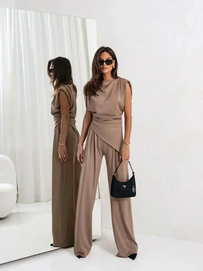 Diann™ Elegant Two-Piece Set | Draped Top and Wide Leg Trousers